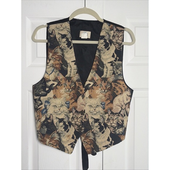 Pasta Jackets & Blazers - Pasta Vintage Cat Tapestry Vest Womens Size M Multicolor Novelty Cotton Blend